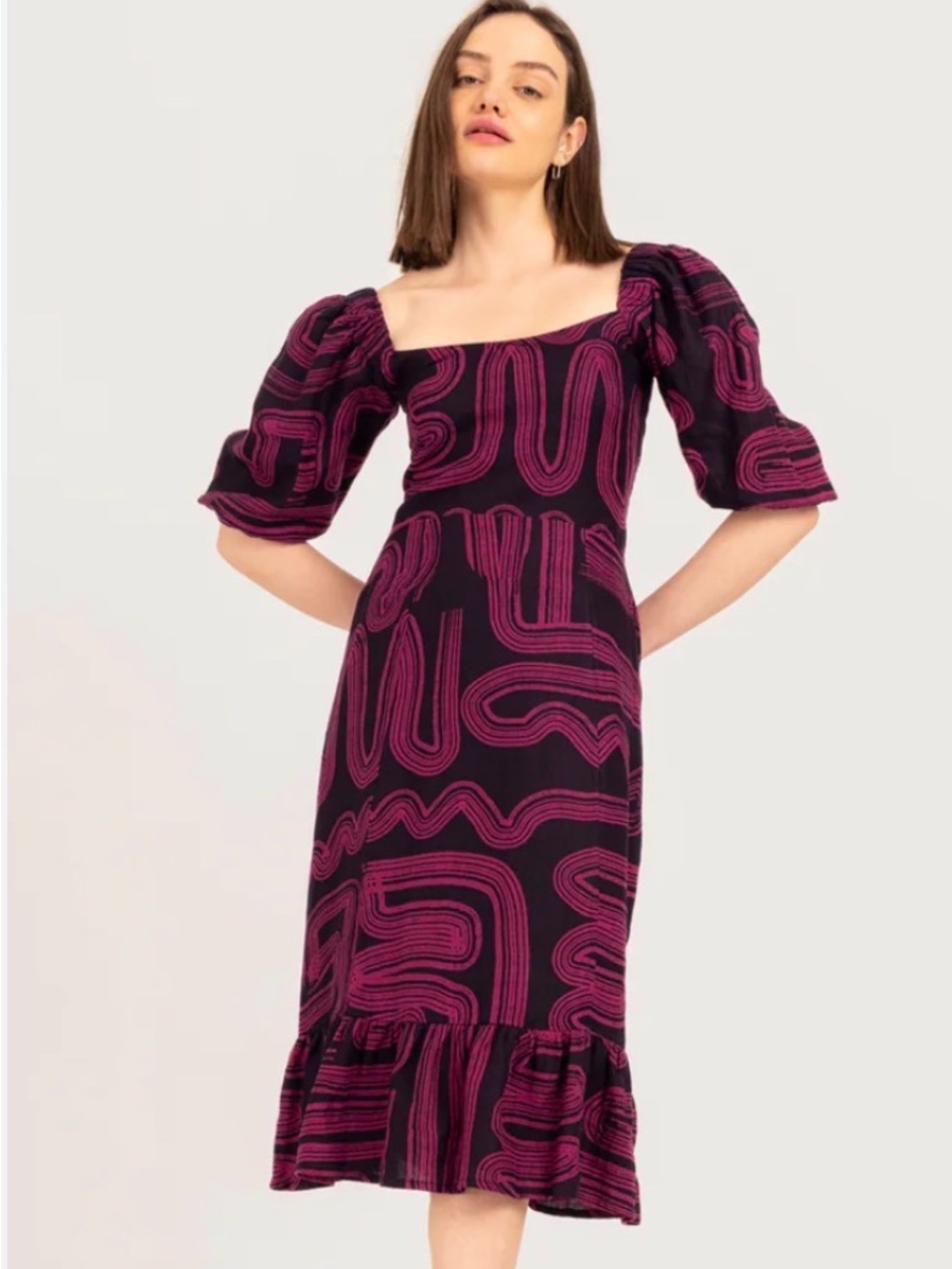 Bel Kazan Square Neck Puff Sleeve Midi Dress in Black and Magenta M worn once